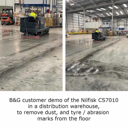 Nilfisk CS7010 cleaning warehouse floor