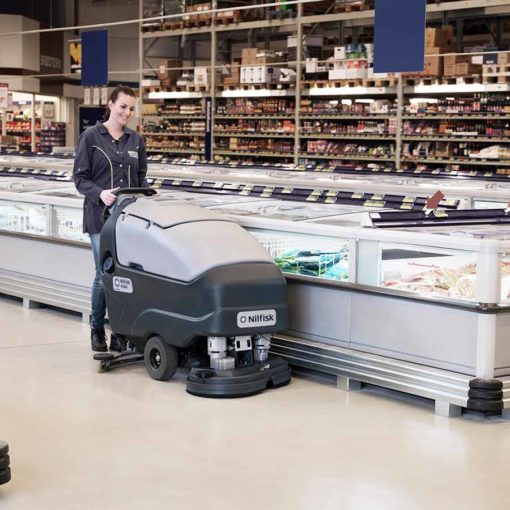 Nilfisk SC800 Scrubber Dryer cleaning supermarket floor