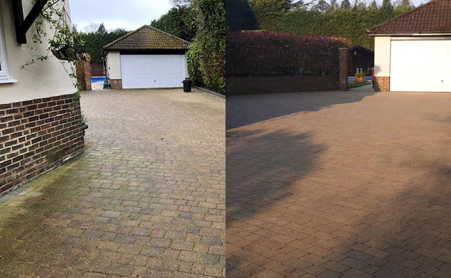 driveway before and after pressure washing