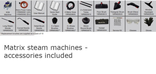 Accessories supplied with Matrix steam cleaning machines
