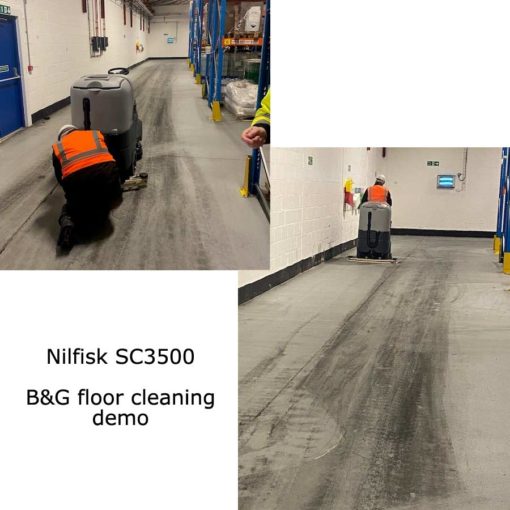 Nilfisk SC3500 ride-on scrubber drier floor cleaning demo